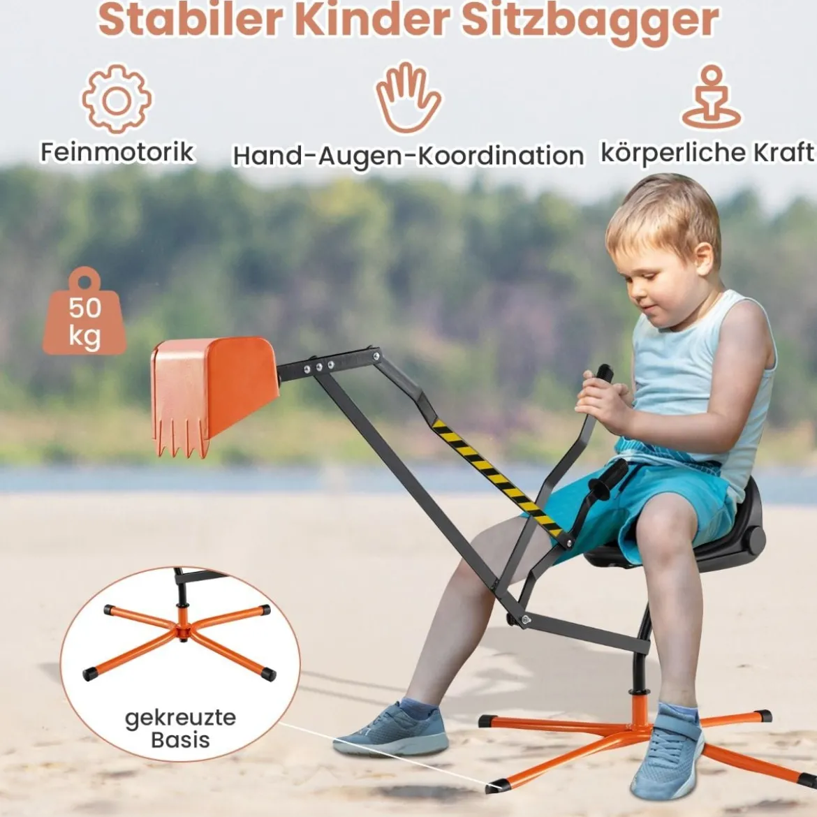 360° Drehbarer Sitzbagger zum Draufsitzen Metall Bagger mit Schaufel & 2-Hand Steuerung Orange