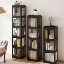 360° Drehbares Bücherregal Klappbares Standregal Transparenter Büroregal 36,5 x 36 x 141,5 cm Schwarz