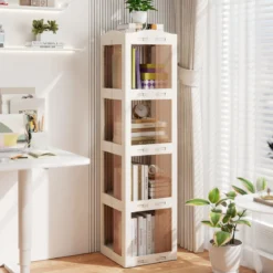 360° Drehbares Bücherregal Klappbares Standregal Transparenter Büroregal 36,5 x 36 x 141,5 cm Weiß
