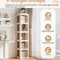 360° Drehbares Bücherregal Klappbares Standregal Transparenter Büroregal 36,5 x 36 x 174 cm Weiß