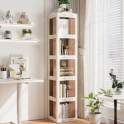360° Drehbares Bücherregal Klappbares Standregal Transparenter Büroregal 36,5 x 36 x 174 cm Weiß