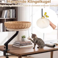 360° Drehbares Katzenbett für Schreibtisch mit Abnehmbarem Plüschkissen & Hängeball Katzen Schreibtischbett