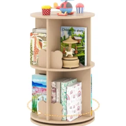 Drehrbares Bücherregal Kinder Kinderregal mit 2 Ebenen & Hasen-Trennwänden 360 Grad 40 x 40 x 65cm Kaffee
