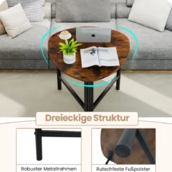 Dreieckiger Couchtisch mit Metallbeinen Ovaler Kaffeetisch Industrieller Beistelltisch Rustikalbraun
