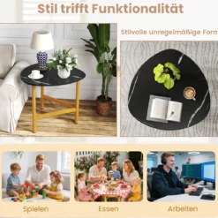 Dreieckiger Couchtisch Ovaler Kaffeetisch Mit Metallbeinen Holzakzent Rustikales Braun & Schwarz