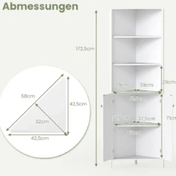 Dreieckiger Küchenschrank mit 2 Türen & 5 Ablagen Schmaler Eckschrank Hochschrank Weiß