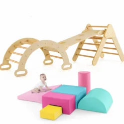 Dreieckiges Kletter-Spielzeugset aus Holz mit 6 Schaumstoffbausteinen zum Toben und Klettern