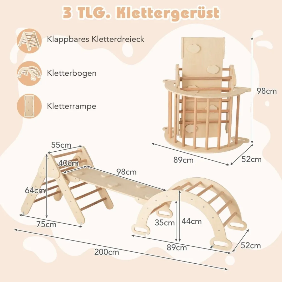 Dreieckiges Kletter-Spielzeugset aus Holz mit 6 Schaumstoffbausteinen zum Toben und Klettern