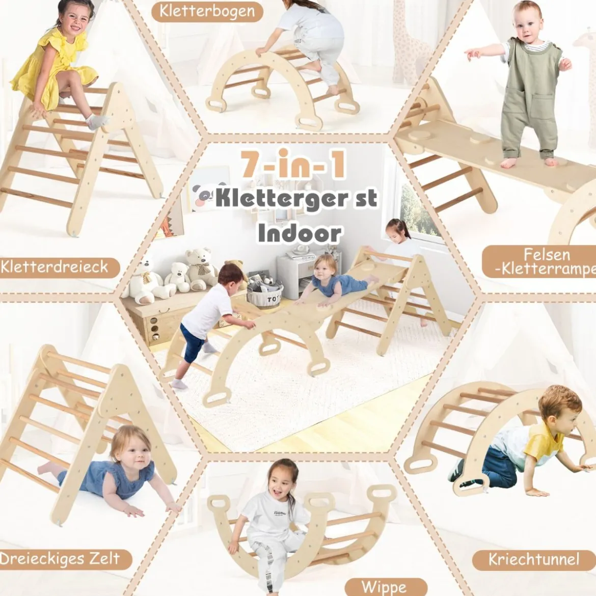 Dreieckiges Kletter-Spielzeugset aus Holz mit 6 Schaumstoffbausteinen zum Toben und Klettern