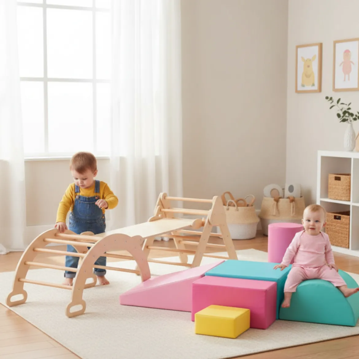 Dreieckiges Kletter-Spielzeugset aus Holz mit 6 Schaumstoffbausteinen zum Toben und Klettern