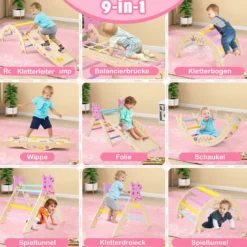 Dreiecksset 9-in-1 faltbares Kletterspielzeug Montessori Kletterset aus Holz Klettergerüst für Kinder Macaron