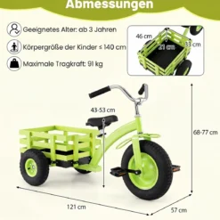 Dreirad Kinderfahrrad bis 91 kg Belastbar mit Verstellbarem Sitz & Lenker für Kinder ab 3 Jahren Grün