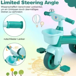 Dreirad Kinder Laufrad mit begrenzter Lenkung Klingel & ergonomischem Sitz Kleinkinder Spielzeug Grün