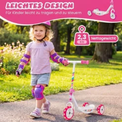 Dreirad Kinderroller mit Led-rädern Tretroller & Rutschfester Trittfläche 20 kg Belastbar Rosa