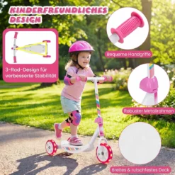 Dreirad Kinderroller mit Led-rädern Tretroller & Rutschfester Trittfläche 20 kg Belastbar Rosa