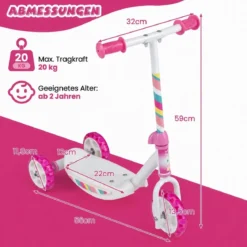 Dreirad Kinderroller mit Led-rädern Tretroller & Rutschfester Trittfläche 20 kg Belastbar Rosa