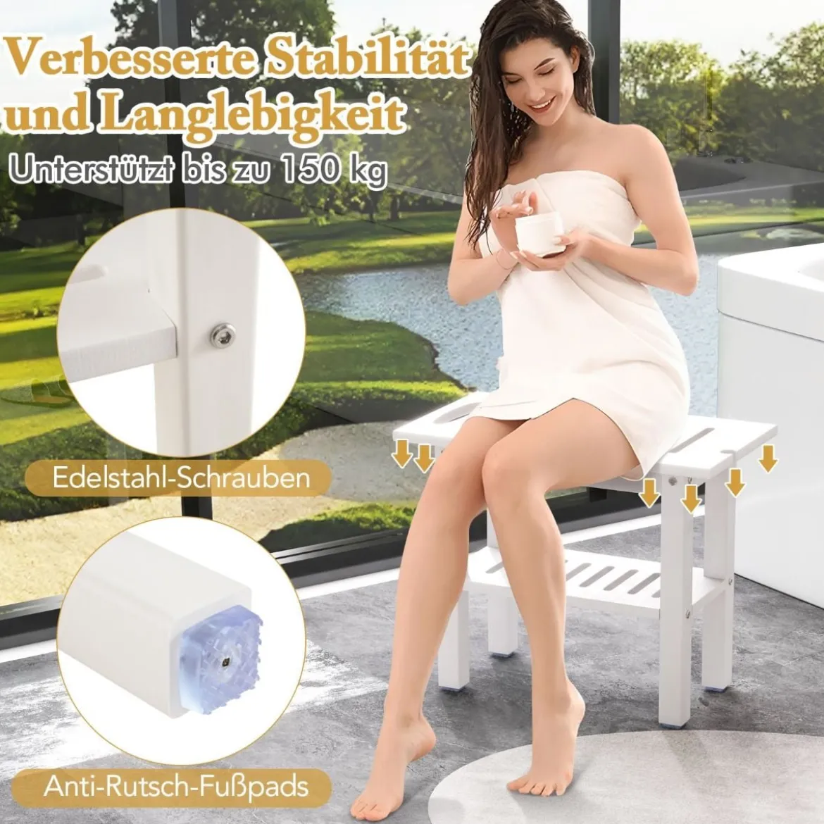 Duschbank Bad Badhocker wasserdicht mit Griff & Ablagefach Duschhocker bis 150 kg Belastbar Weiß