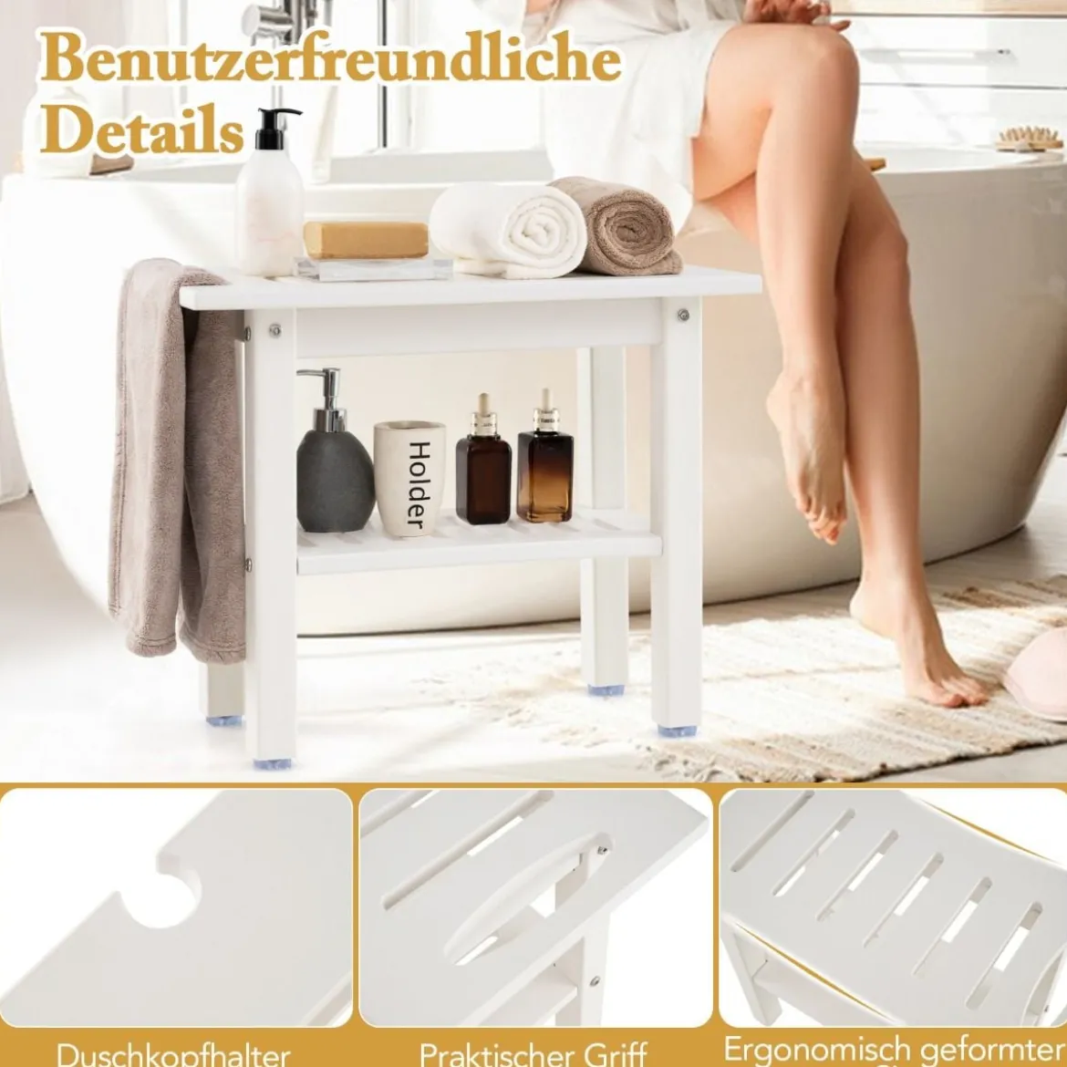 Duschbank Bad Badhocker wasserdicht mit Griff & Ablagefach Duschhocker bis 150 kg Belastbar Weiß