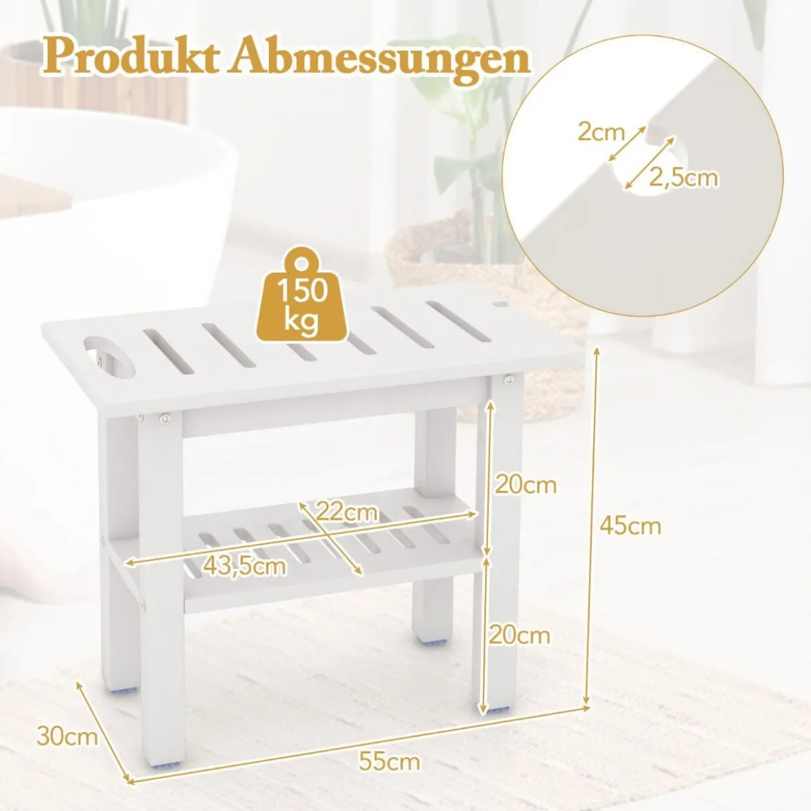 Duschbank Bad Badhocker wasserdicht mit Griff & Ablagefach Duschhocker bis 150 kg Belastbar Weiß