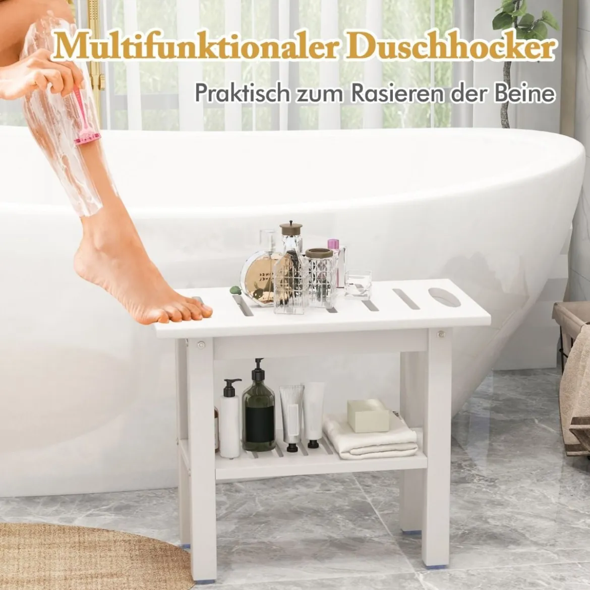 Duschbank Bad Badhocker wasserdicht mit Griff & Ablagefach Duschhocker bis 150 kg Belastbar Weiß