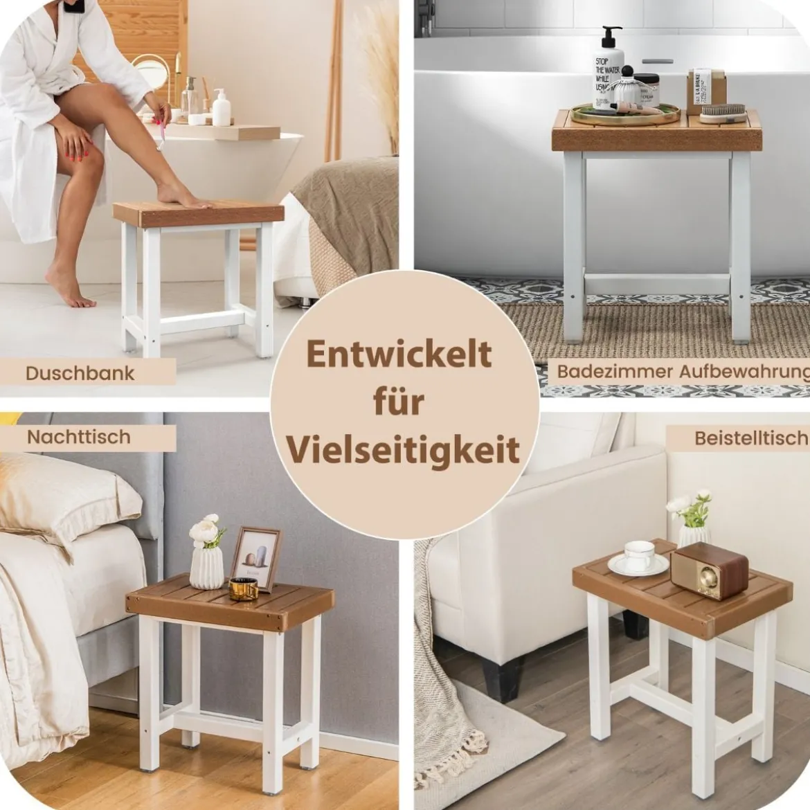 Duschbank Bad Sitzbank mit Ablage bis 150 kg Belastbar Braun + Weiß 46 x 31 x 49 cm