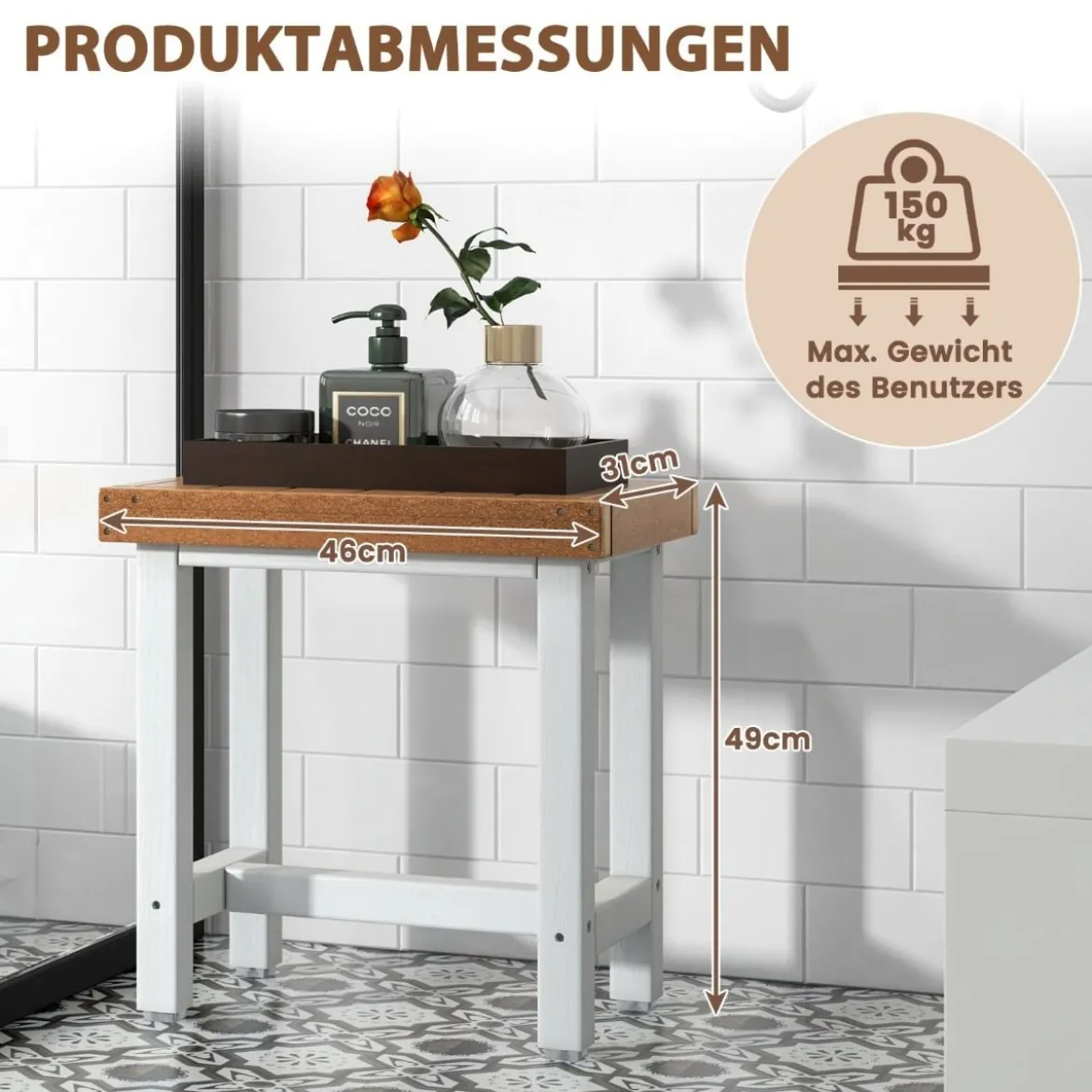 Duschbank Bad Sitzbank mit Ablage bis 150 kg Belastbar Braun + Weiß 46 x 31 x 49 cm