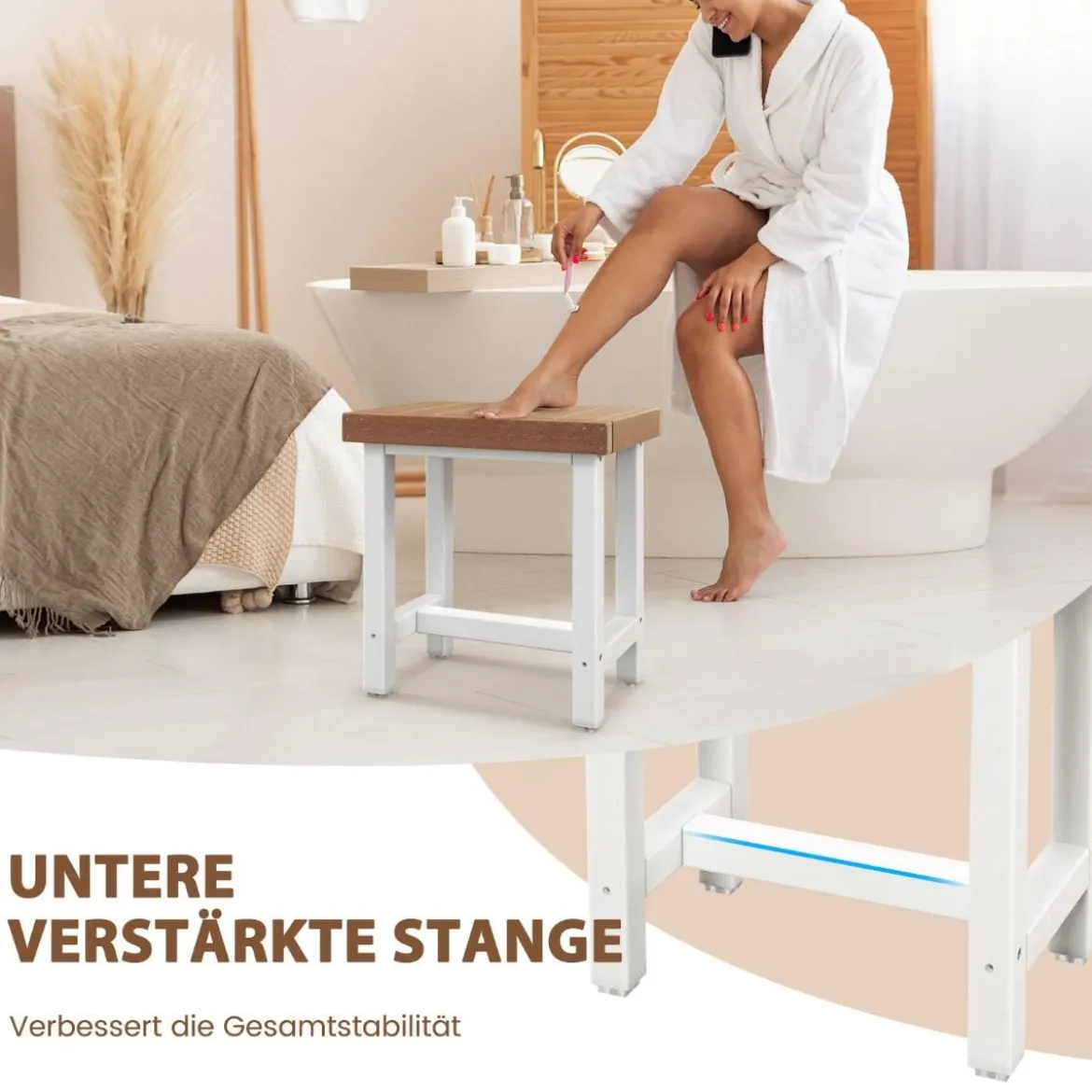 Duschbank Bad Sitzbank mit Ablage bis 150 kg Belastbar Braun + Weiß 46 x 31 x 49 cm