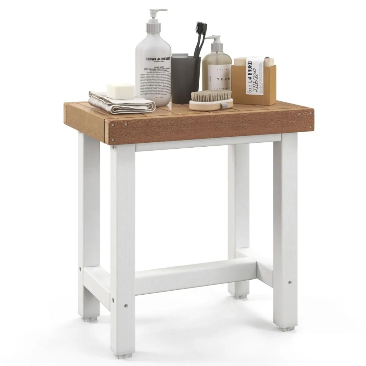 Duschbank Bad Sitzbank mit Ablage bis 150 kg Belastbar Braun + Weiß 46 x 31 x 49 cm
