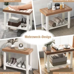 Duschbank Bad Sitzbank mit Ablage bis 150 kg Belastbar Braun + Weiß 61 x 31 x 49 cm