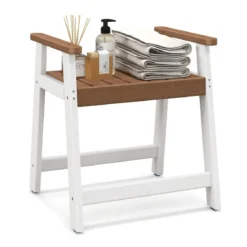 Duschbank Bad Sitzbank mit Ablage Badhocker Badezimmerbank Duschstuhl 58 x 52 x 61,5 cm Braun+Weiß