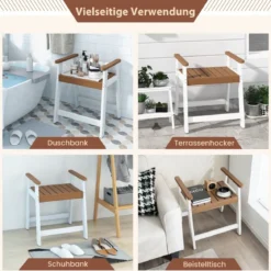 Duschbank Bad Sitzbank mit Ablage Badhocker Badezimmerbank Duschstuhl 58 x 52 x 61,5 cm Braun+Weiß
