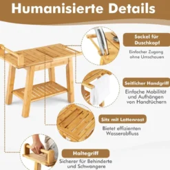 Duschbank Bambus-Duschbank mit Ablage 2-Stufiger Duschhocker 60 x 30 x 50 cm Natur