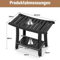 Duschbank Wasserdichter Duschhocker mit Gebogenem Sitz 60,5 x 34 x 48 cm Schwarz