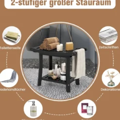 Duschbank Wasserdichter Duschhocker mit Gebogenem Sitz 60,5 x 34 x 48 cm Schwarz
