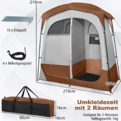 Duschzelt mit 2 Räumen & Abnehmbarem Regenschutz & Innentasche Toilettenzelt Braun