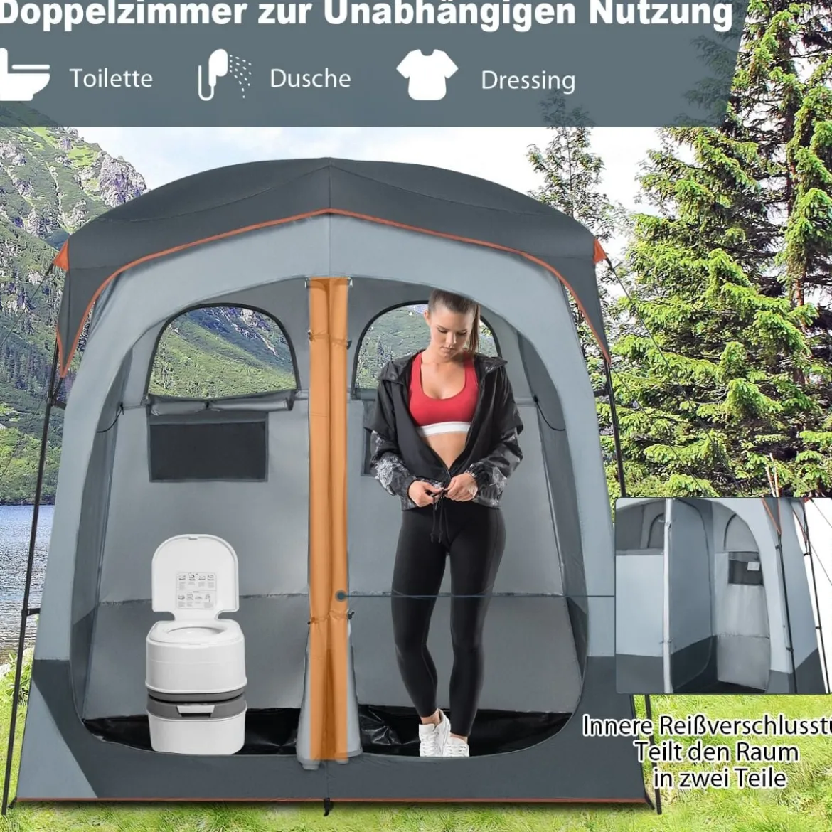 Duschzelt mit 2 Räumen & Abnehmbarem Regenschutz & Innentasche Toilettenzelt Grau