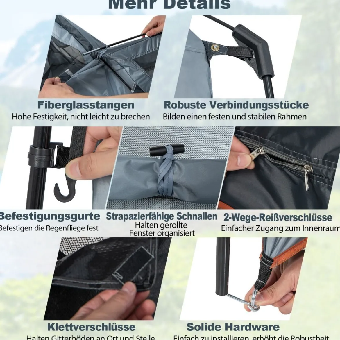 Duschzelt mit 2 Räumen & Abnehmbarem Regenschutz & Innentasche Toilettenzelt Grau