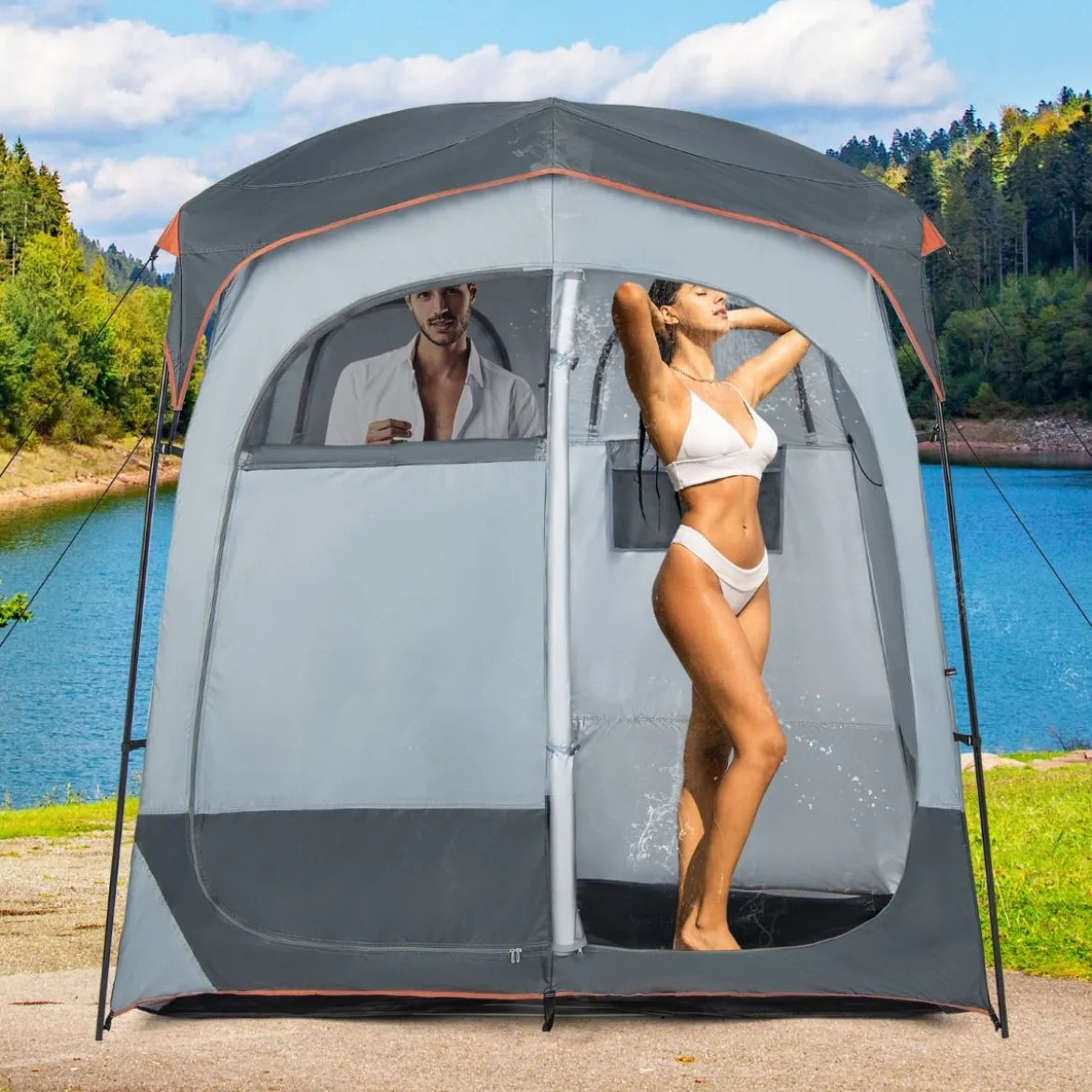 Duschzelt mit 2 Räumen & Abnehmbarem Regenschutz & Innentasche Toilettenzelt Grau