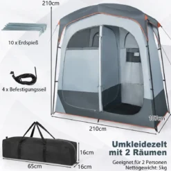 Duschzelt mit 2 Räumen & Abnehmbarem Regenschutz & Innentasche Toilettenzelt Grau