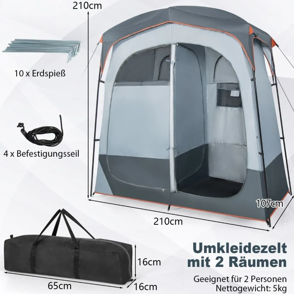 Duschzelt mit 2 Räumen & Abnehmbarem Regenschutz & Innentasche Toilettenzelt Grau