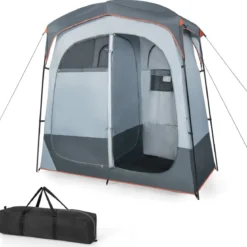 Duschzelt mit 2 Räumen & Abnehmbarem Regenschutz & Innentasche Toilettenzelt Grau