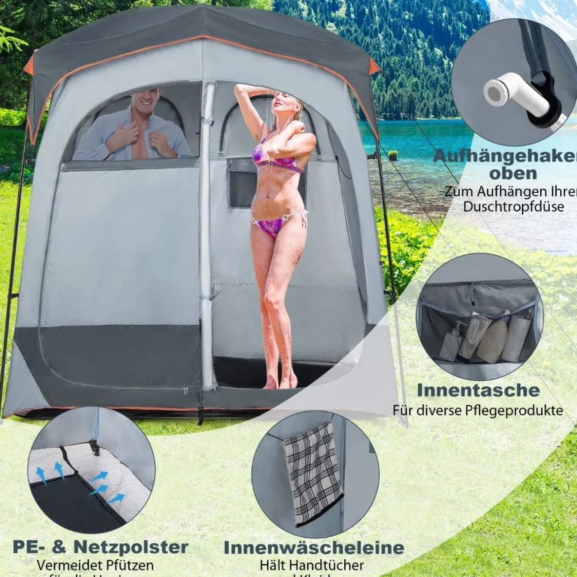 Duschzelt mit 2 Räumen & Abnehmbarem Regenschutz & Innentasche Toilettenzelt Grau
