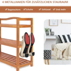 3 Ebenen Akazienholz Schuhregal mit Seitlichen Metallhaken Schuhablage Hält bis zu 12-18 Paar