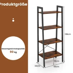 4 Ebenen Bücherregal mit Metallrahmen & Verstellbaren Fußpolstern Rustikales Braun
