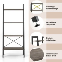 4 Ebenen Bücherregal mit Metallrahmen & Verstellbaren Fußpolstern Graue Eiche