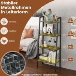 4 Ebenen Bücherregal mit Metallrahmen & Verstellbaren Fußpolstern Graue Eiche