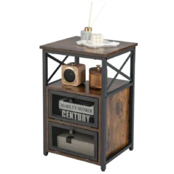 4 Ebenen Beistelltisch Industrie Design Nachttisch mit 2 Klappschubladen 60,5 x 40 x 35 cm Rustikales Braun