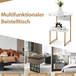 2 Ebenen Beistelltisch Marmoroptik mit Goldnen Beinen 50x50x61cm Weiß