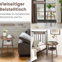 2 Ebenen Beistelltisch Rund Nachttisch mit Metallrahmen 39 x 39 x 55 cm Walnuss