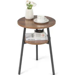 2 Ebenen Beistelltisch Rund Nachttisch mit Metallrahmen 39 x 39 x 55 cm Walnuss